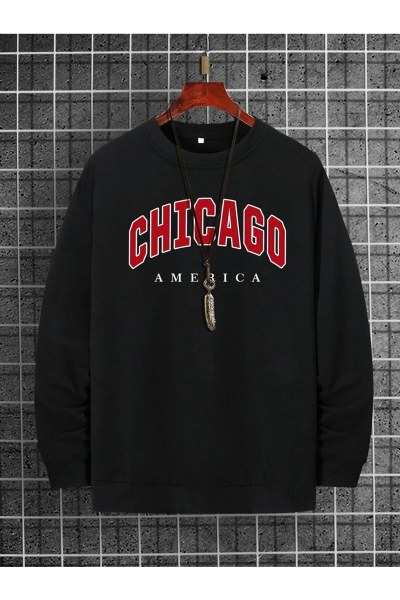 Erkek Siyah Chicago Baskılı Oversize Sweatshirt 